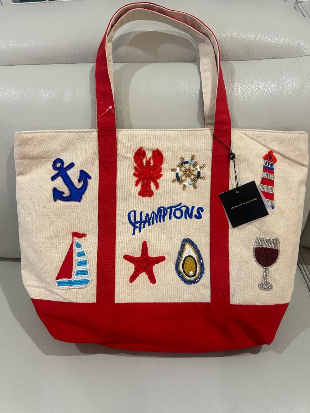 America and Beyond Beaded Hamptons Canvas Large Tote Summer Handbag NWT